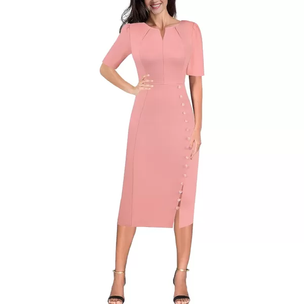 VFSHOW Womens Pleated Notch V Neck Buttons Split Work Office Business Bodycon Slim Pencil Sheath DressPeach Pink