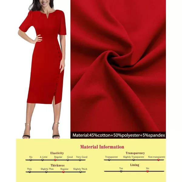 VFSHOW Womens Pleated Notch V Neck Buttons Split Work Office Business Bodycon Slim Pencil Sheath DressRed