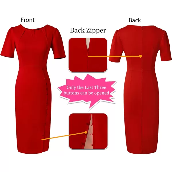 VFSHOW Womens Pleated Notch V Neck Buttons Split Work Office Business Bodycon Slim Pencil Sheath DressRed