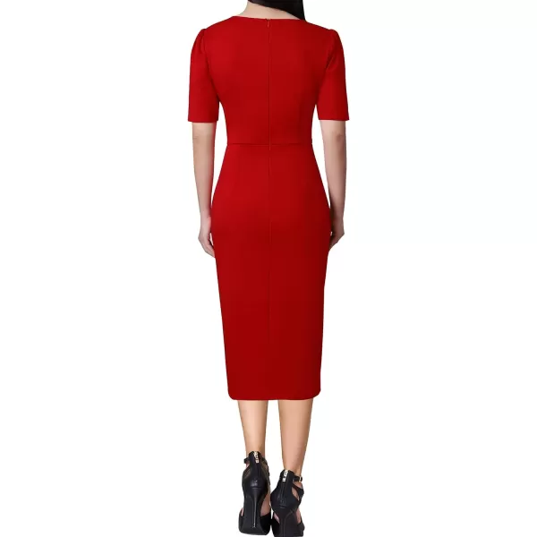 VFSHOW Womens Pleated Notch V Neck Buttons Split Work Office Business Bodycon Slim Pencil Sheath DressRed