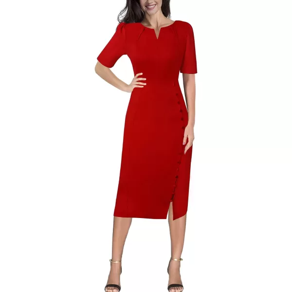 VFSHOW Womens Pleated Notch V Neck Buttons Split Work Office Business Bodycon Slim Pencil Sheath DressRed