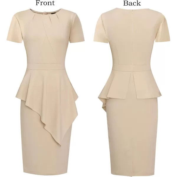 VFSHOW Womens Pleated Peplum Crew Neck Work Office Business Bodycon Pencil DressBeige Asymmetrical Peplum