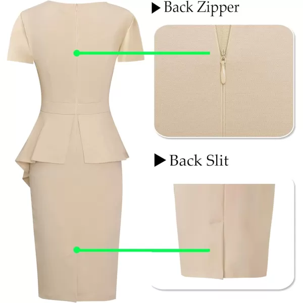 VFSHOW Womens Pleated Peplum Crew Neck Work Office Business Bodycon Pencil DressBeige Asymmetrical Peplum