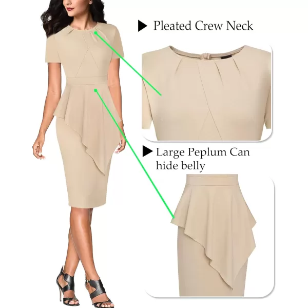 VFSHOW Womens Pleated Peplum Crew Neck Work Office Business Bodycon Pencil DressBeige Asymmetrical Peplum