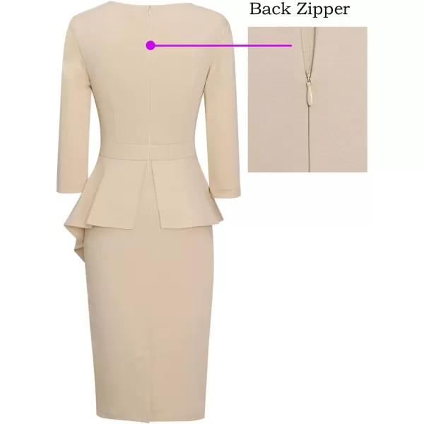 VFSHOW Womens Pleated Peplum Crew Neck Work Office Business Bodycon Pencil DressBeige Asymmetrical Peplum2