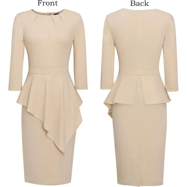 VFSHOW Womens Pleated Peplum Crew Neck Work Office Business Bodycon Pencil DressBeige Asymmetrical Peplum2