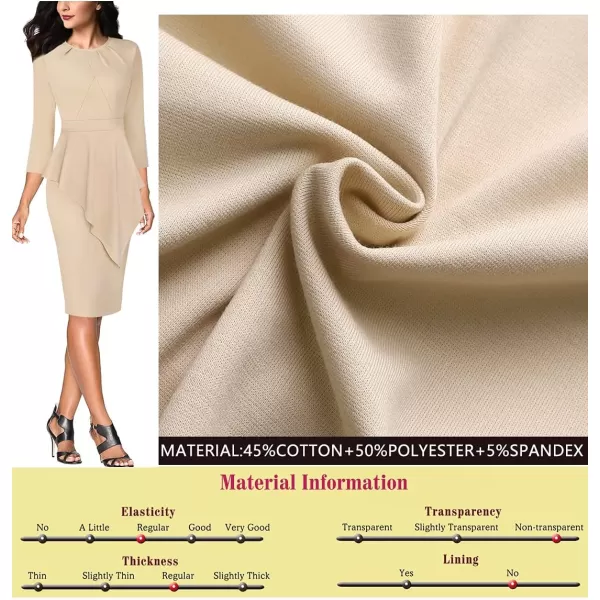 VFSHOW Womens Pleated Peplum Crew Neck Work Office Business Bodycon Pencil DressBeige Asymmetrical Peplum2