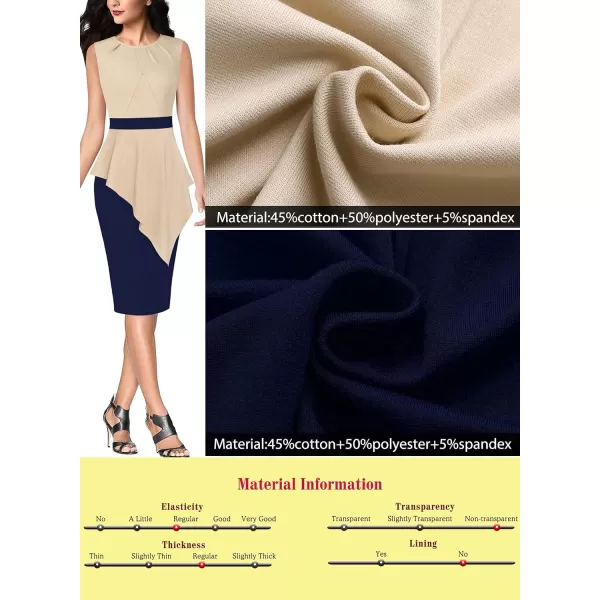 VFSHOW Womens Pleated Peplum Crew Neck Work Office Business Bodycon Pencil DressBeige and Navy Blue2