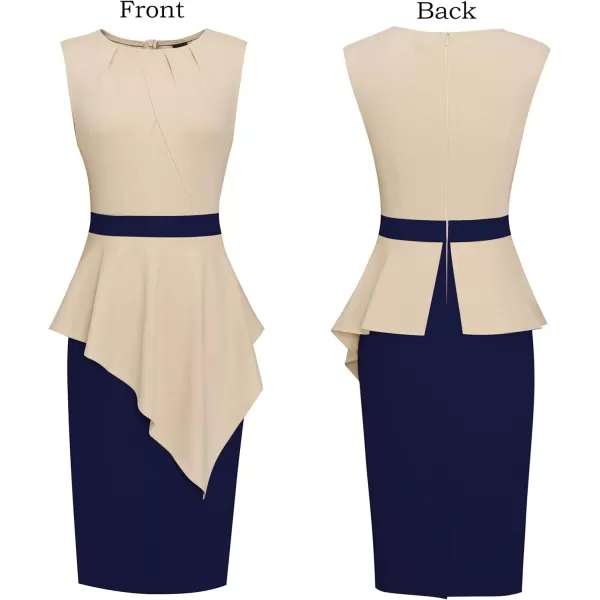 VFSHOW Womens Pleated Peplum Crew Neck Work Office Business Bodycon Pencil DressBeige and Navy Blue2