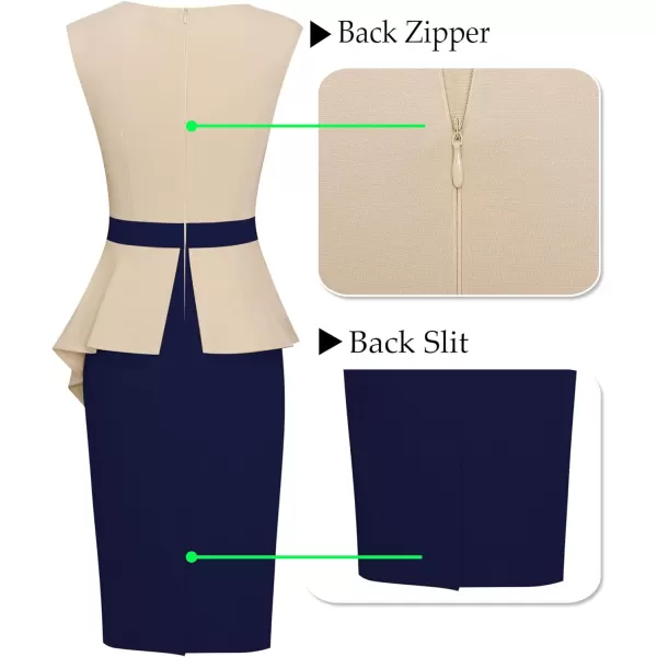VFSHOW Womens Pleated Peplum Crew Neck Work Office Business Bodycon Pencil DressBeige and Navy Blue2