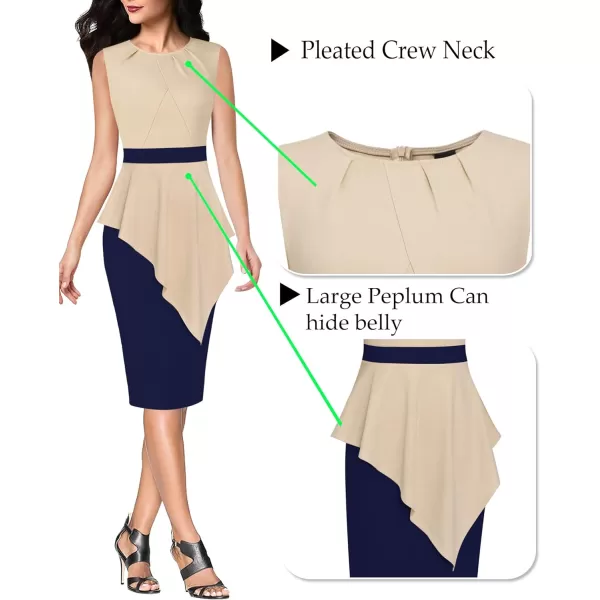 VFSHOW Womens Pleated Peplum Crew Neck Work Office Business Bodycon Pencil DressBeige and Navy Blue2