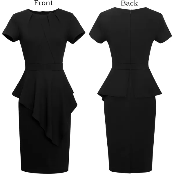 VFSHOW Womens Pleated Peplum Crew Neck Work Office Business Bodycon Pencil DressBlack Asymmetrical Peplum