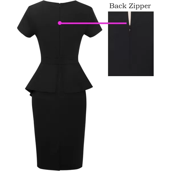 VFSHOW Womens Pleated Peplum Crew Neck Work Office Business Bodycon Pencil DressBlack Asymmetrical Peplum