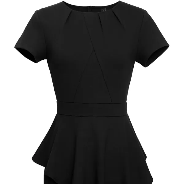 VFSHOW Womens Pleated Peplum Crew Neck Work Office Business Bodycon Pencil DressBlack Asymmetrical Peplum