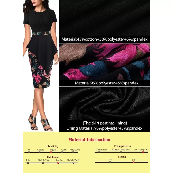 VFSHOW Womens Pleated Peplum Crew Neck Work Office Business Bodycon Pencil DressBlack and Multi Floral Print