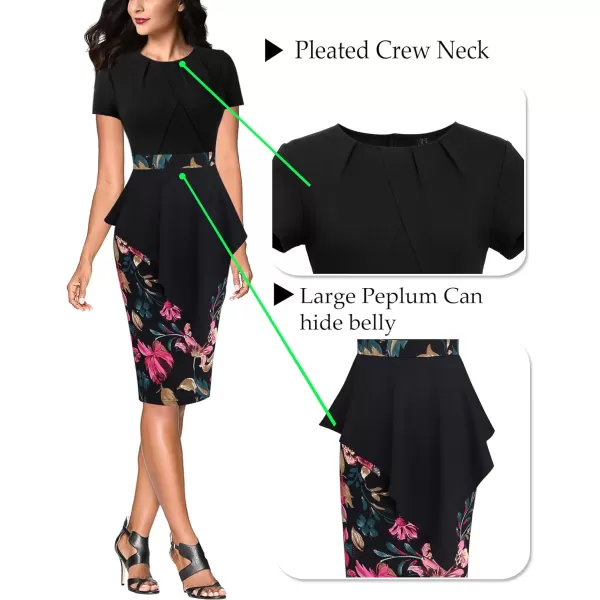 VFSHOW Womens Pleated Peplum Crew Neck Work Office Business Bodycon Pencil DressBlack and Multi Floral Print