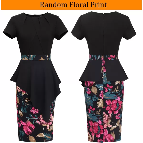 VFSHOW Womens Pleated Peplum Crew Neck Work Office Business Bodycon Pencil DressBlack and Multi Floral Print