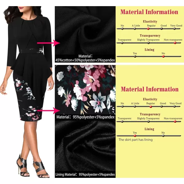 VFSHOW Womens Pleated Peplum Crew Neck Work Office Business Bodycon Pencil DressBlack and Multi Floral Print4