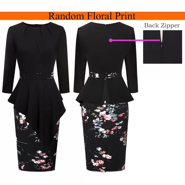 VFSHOW Womens Pleated Peplum Crew Neck Work Office Business Bodycon Pencil DressBlack and Multi Floral Print4