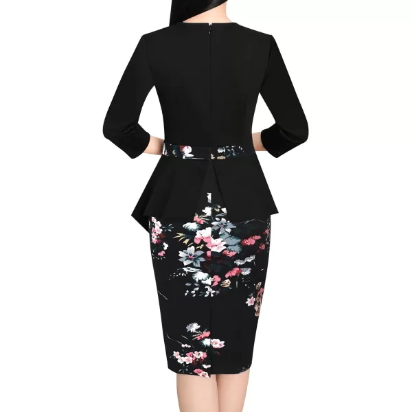 VFSHOW Womens Pleated Peplum Crew Neck Work Office Business Bodycon Pencil DressBlack and Multi Floral Print4