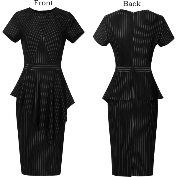 VFSHOW Womens Pleated Peplum Crew Neck Work Office Business Bodycon Pencil DressBlack and White Stripes