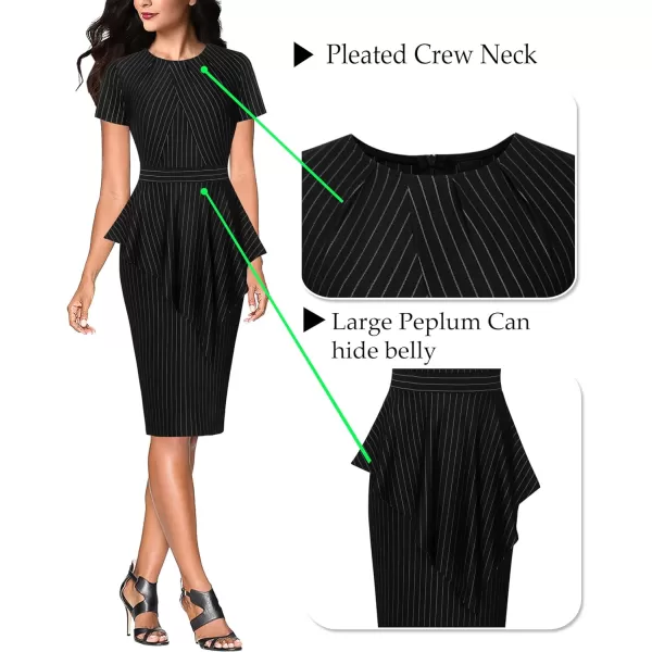 VFSHOW Womens Pleated Peplum Crew Neck Work Office Business Bodycon Pencil DressBlack and White Stripes