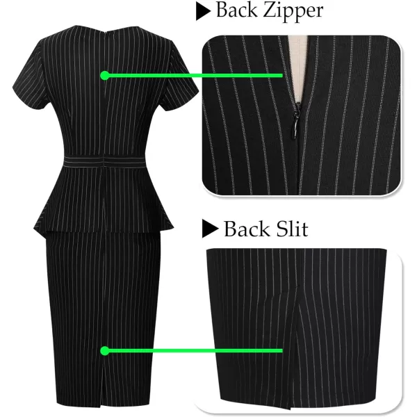 VFSHOW Womens Pleated Peplum Crew Neck Work Office Business Bodycon Pencil DressBlack and White Stripes