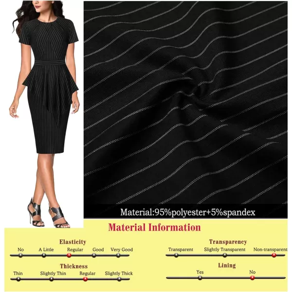 VFSHOW Womens Pleated Peplum Crew Neck Work Office Business Bodycon Pencil DressBlack and White Stripes