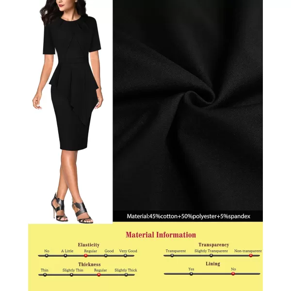 VFSHOW Womens Pleated Peplum Crew Neck Work Office Business Bodycon Pencil DressBlack2