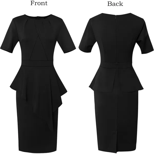 VFSHOW Womens Pleated Peplum Crew Neck Work Office Business Bodycon Pencil DressBlack2