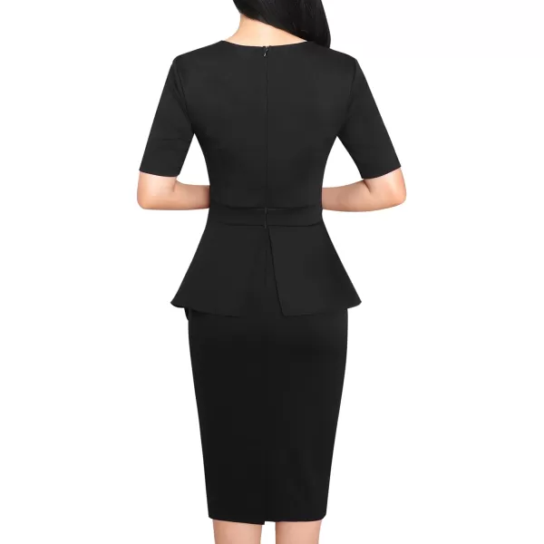 VFSHOW Womens Pleated Peplum Crew Neck Work Office Business Bodycon Pencil DressBlack2