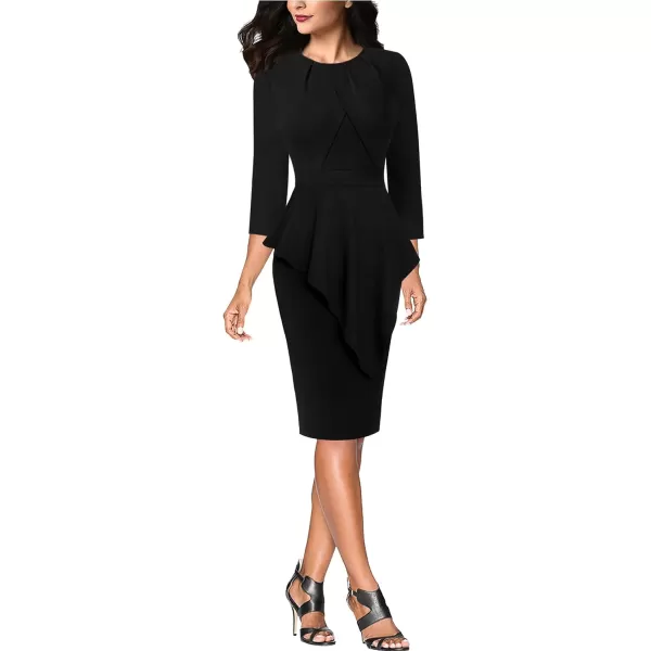 VFSHOW Womens Pleated Peplum Crew Neck Work Office Business Bodycon Pencil DressBlack3