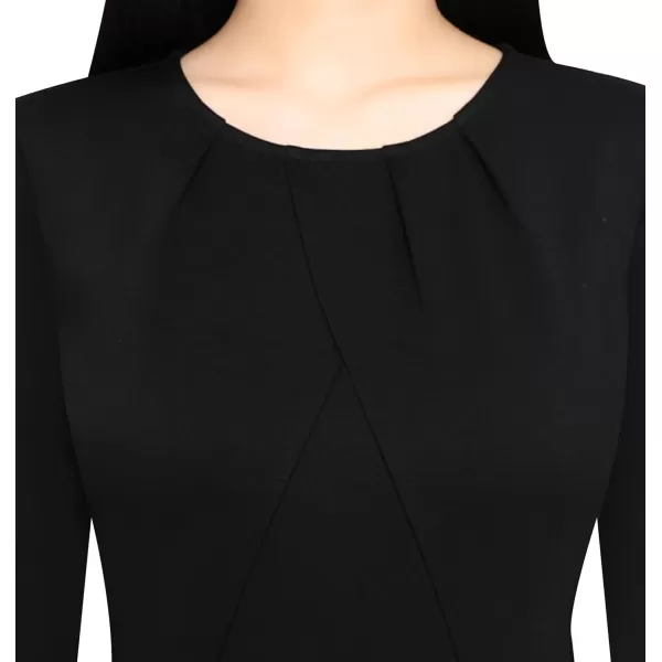 VFSHOW Womens Pleated Peplum Crew Neck Work Office Business Bodycon Pencil DressBlack3