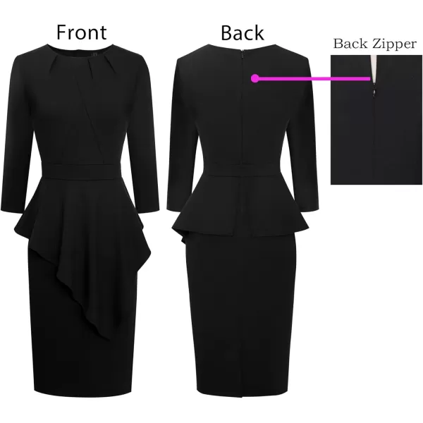 VFSHOW Womens Pleated Peplum Crew Neck Work Office Business Bodycon Pencil DressBlack3