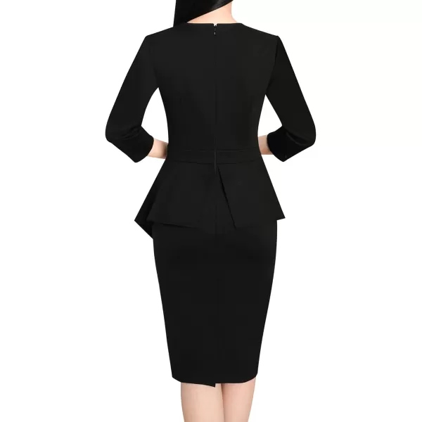 VFSHOW Womens Pleated Peplum Crew Neck Work Office Business Bodycon Pencil DressBlack3