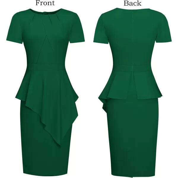 VFSHOW Womens Pleated Peplum Crew Neck Work Office Business Bodycon Pencil DressGreen Asymmetrical Peplum