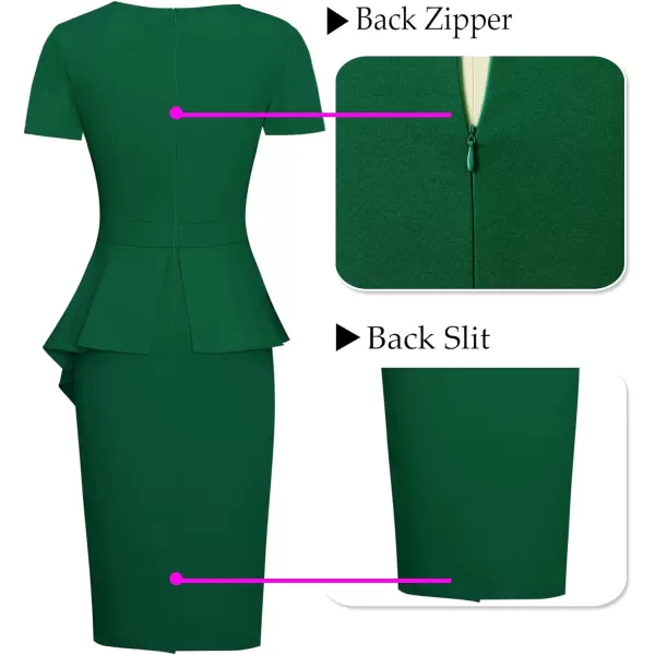 VFSHOW Womens Pleated Peplum Crew Neck Work Office Business Bodycon Pencil DressGreen Asymmetrical Peplum