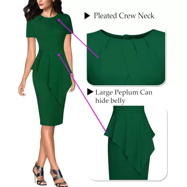 VFSHOW Womens Pleated Peplum Crew Neck Work Office Business Bodycon Pencil DressGreen Asymmetrical Peplum