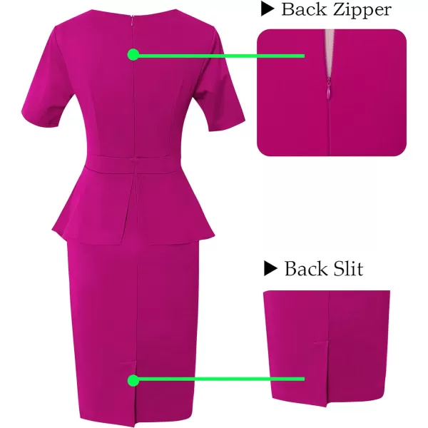 VFSHOW Womens Pleated Peplum Crew Neck Work Office Business Bodycon Pencil DressHot Pink