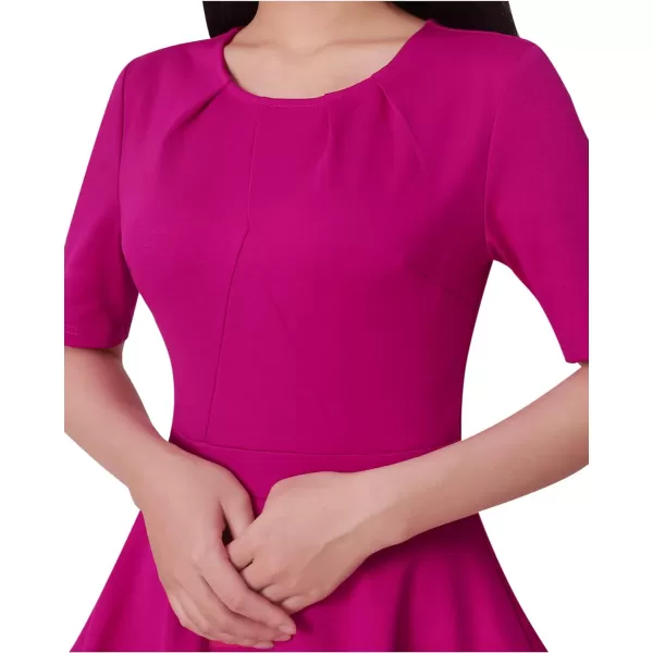 VFSHOW Womens Pleated Peplum Crew Neck Work Office Business Bodycon Pencil DressHot Pink