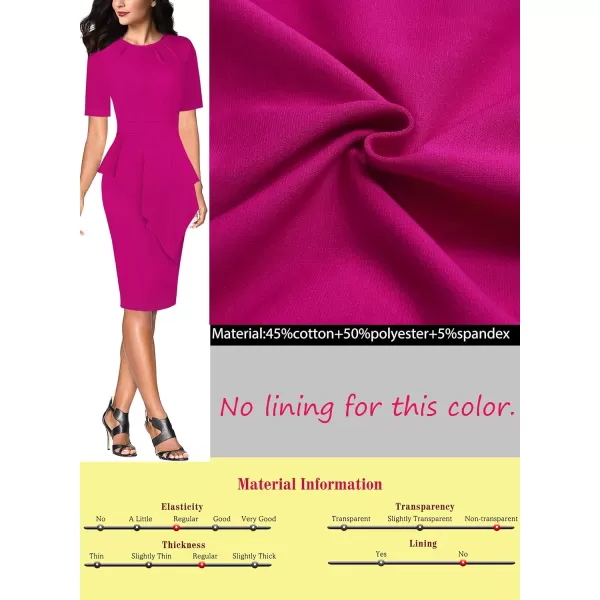 VFSHOW Womens Pleated Peplum Crew Neck Work Office Business Bodycon Pencil DressHot Pink