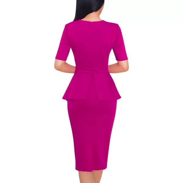 VFSHOW Womens Pleated Peplum Crew Neck Work Office Business Bodycon Pencil DressHot Pink