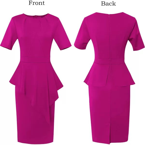 VFSHOW Womens Pleated Peplum Crew Neck Work Office Business Bodycon Pencil DressHot Pink