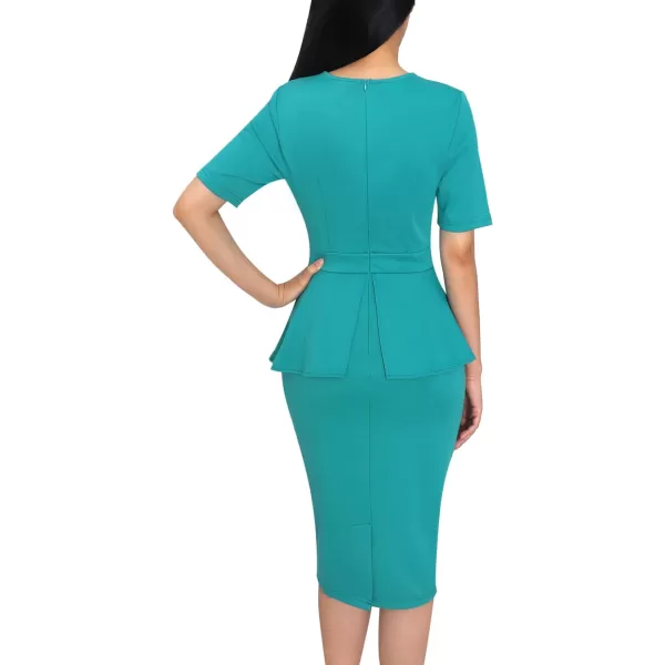 VFSHOW Womens Pleated Peplum Crew Neck Work Office Business Bodycon Pencil DressLight Green