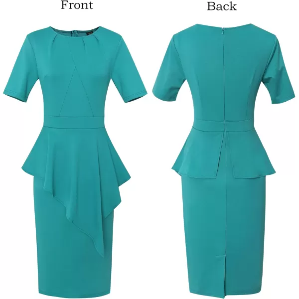 VFSHOW Womens Pleated Peplum Crew Neck Work Office Business Bodycon Pencil DressLight Green