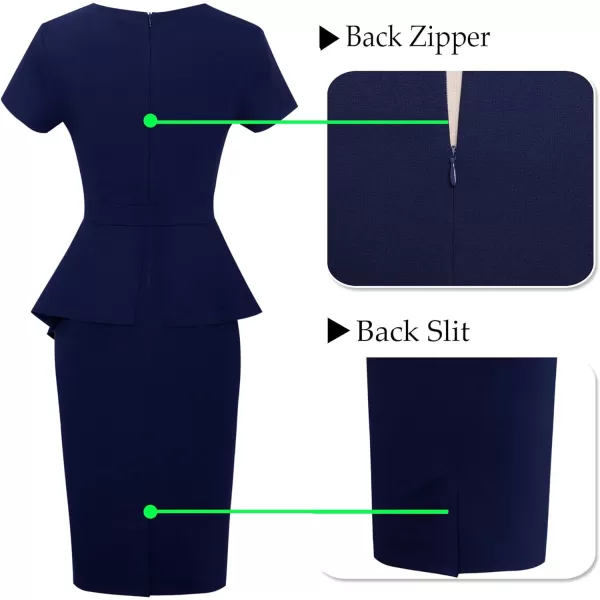 VFSHOW Womens Pleated Peplum Crew Neck Work Office Business Bodycon Pencil DressNavy Asymmetrical Peplum