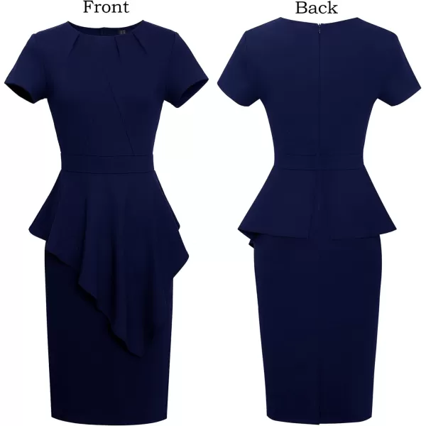 VFSHOW Womens Pleated Peplum Crew Neck Work Office Business Bodycon Pencil DressNavy Asymmetrical Peplum