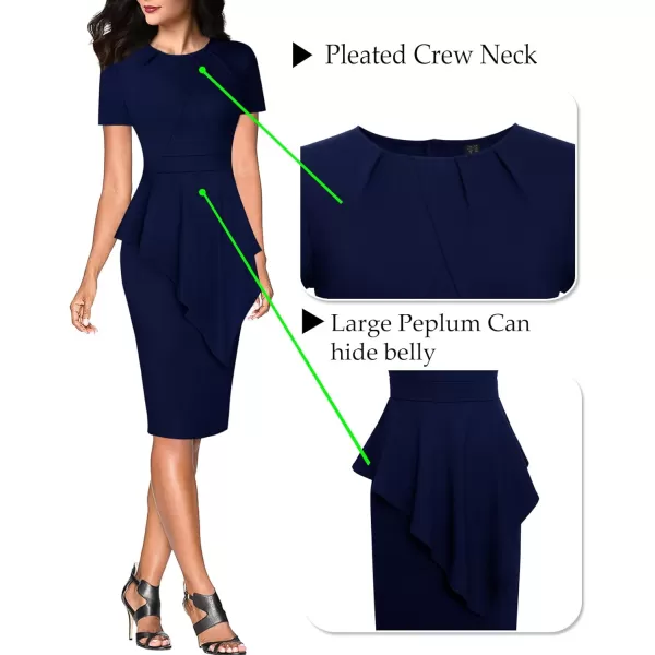 VFSHOW Womens Pleated Peplum Crew Neck Work Office Business Bodycon Pencil DressNavy Asymmetrical Peplum