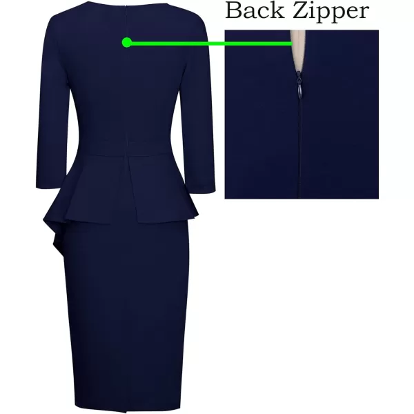 VFSHOW Womens Pleated Peplum Crew Neck Work Office Business Bodycon Pencil DressNavy Asymmetrical Peplum2