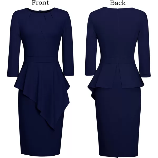 VFSHOW Womens Pleated Peplum Crew Neck Work Office Business Bodycon Pencil DressNavy Asymmetrical Peplum2